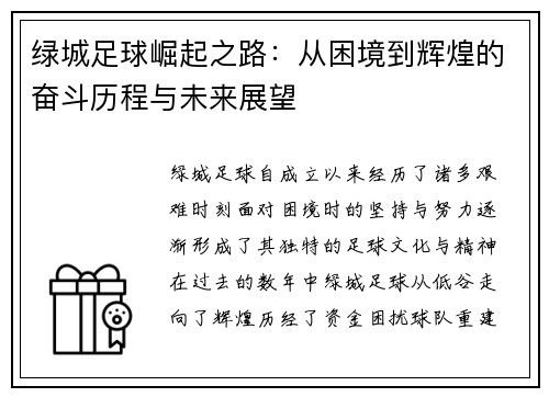 绿城足球崛起之路：从困境到辉煌的奋斗历程与未来展望
