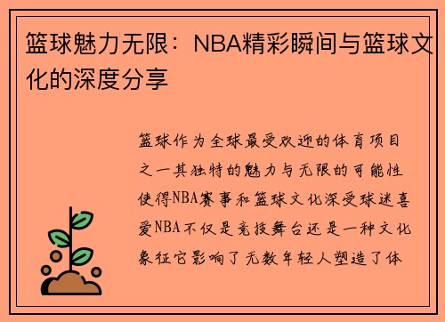 篮球魅力无限：NBA精彩瞬间与篮球文化的深度分享