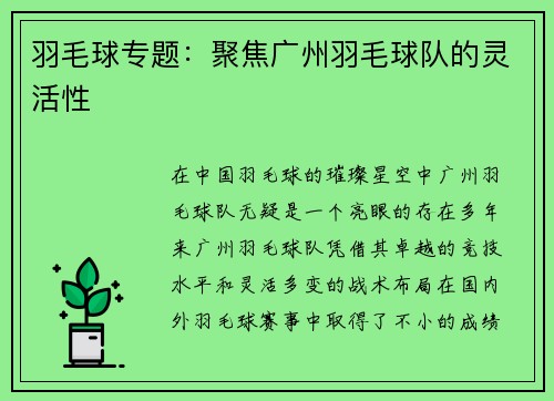 羽毛球专题：聚焦广州羽毛球队的灵活性