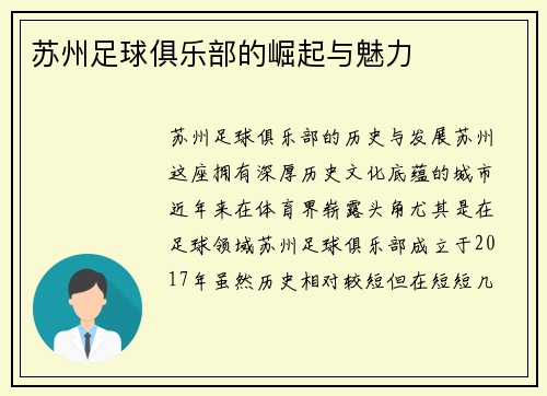 苏州足球俱乐部的崛起与魅力