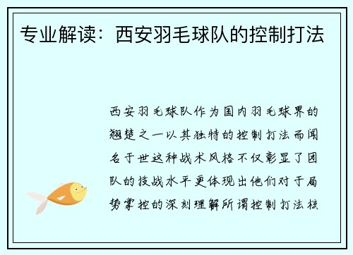 专业解读：西安羽毛球队的控制打法