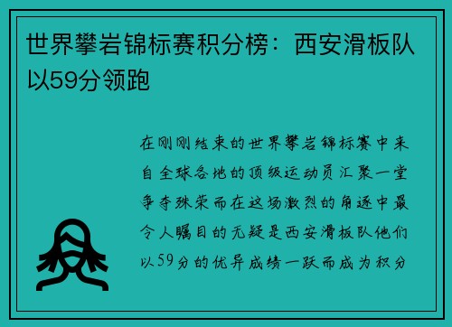 世界攀岩锦标赛积分榜：西安滑板队以59分领跑