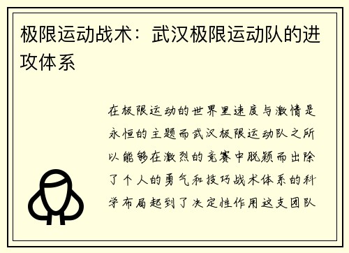 极限运动战术：武汉极限运动队的进攻体系